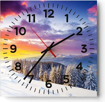 Produktbild von Wanduhr - Quadrat - Glasuhr - Berge Schnee Winter - 40x40cm - Schleichendes Uhrwerk - Lautlos - zum Aufhängen bereit - Dekoration Modern - Wanddekoration aus Glas - C4AC40x40-3605