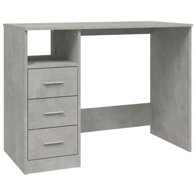 A grey desk with drawers against a white background.