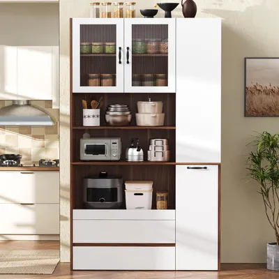 Immagine prodotto di Mobiletto alto da buffet con cassetti e vetro smerigliato, colore bianco, finitura noce