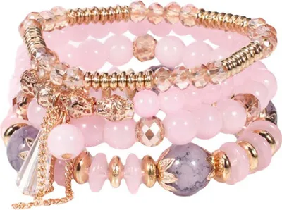 Produktbild von 4 Teile/satz Boho Faux Achat Perle Quaste Kette Charm Perlen Armband Frauen Schmuck-Rosa