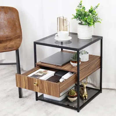 Image de Table de chevet - Avec tiroir et étagère - Tables de chevet modernes - Tables de chevet de style rustique - Tables d'appoint