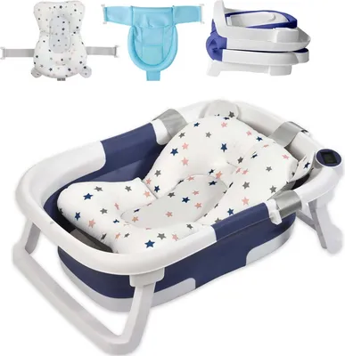 Image de Baignoire pour bébé Baignoire pour bébé pliable avec thermomètre, pliable Baignoire portable pour nouveau-né pour bébés de 0 à 36 mois, bleu