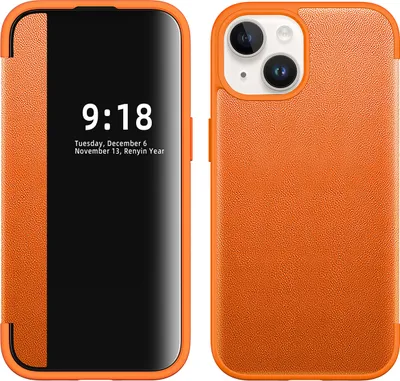 Produktbild von iPhone 15 Plus Hülle, Schlank Kunstleder Klapp Ledertasche Schutzhülle für iPhone 15 Plus Orange