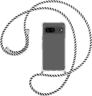 Produktbild von Handykette Backcover-Schutzhülle mit Band (Metall silberfarben) für Google Pixel 7 - schwarz/weiß gestreift