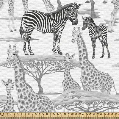 Produktbild von ABAKUHAUS afrikanisch Gewebe als Meterware, Wild Life Safari Themed Druck von Zebras Giraffen und Regenschirm-Dornen-Bäume, 10 M (148 x 1000 cm), Grau und Weiß