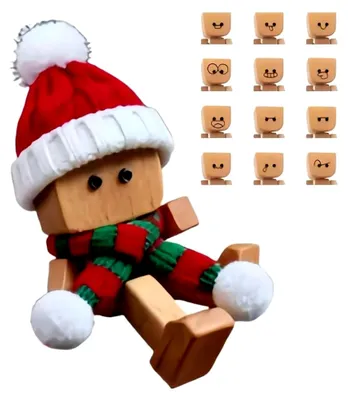 Produktbild von Handgefertigte Wackelfigur aus Holz mit 12 magnetischen Gesichtsausdrücken für die Dekoration im Auto, am Schreibtisch oder im Regal