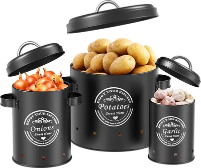 Produktbild von Vorratsdose 3-tlg Set Vorratsbehälter Aufbewahrung von Gemüse, Set für Kartoffeln, Zwiebeln, Knoblauch Metall Zwiebeltopf Kartoffeltopf Knoblauchtopf