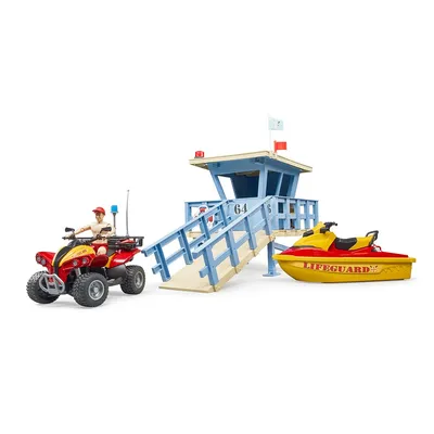 Produktbild von bruder 62780 - Bworld Life Guard Station mit Quad & Personal Water Craft - 1:16 Rettungsschwimmerin Rettungsstation Bademeister Fahrzeug Spielzeug Themenset