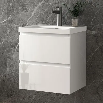 Produktbild von 50 cm Badmöbel-Set Unterschrank mit Rechteckiges Waschbecken 2 Schubladen soft-close Hochglanz Weiß Selbstmontierter