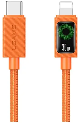 Image de Câble Usams SJ774, puissance 30W, connecteur USB-C/Lightning, longueur 1,2 mètre, couleur orange