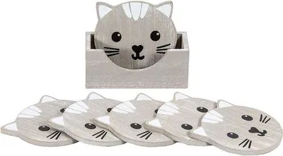 Image de Sous-verres en bois pour verres, lot de 6, gris, motifs de chats