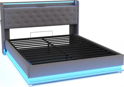 A modern bed frame with a tufted headboard and LED lighting.
