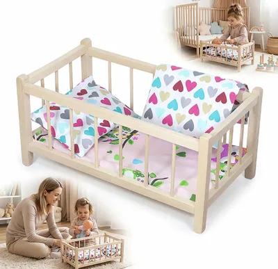 Produktbild von HOLZ-PUPPENBETT Montessori mit BETTWÄSCHE Herzen MATRATZE Buche