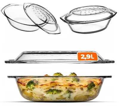 Image de Plat en verre résistant à la chaleur d'une contenance de 2,9 litres, avec couvercle et poignées – plat ovale allant au four pour rôtir et cuire au four, idéal pour les lasagnes et les plats de viande, adapté aux fours et aux plaques de cuisson électriques.