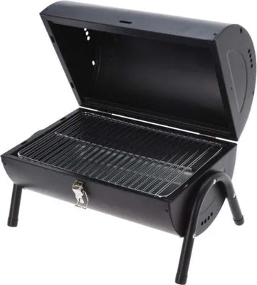 A black barrel-shaped grill with its lid open, resting on four legs.