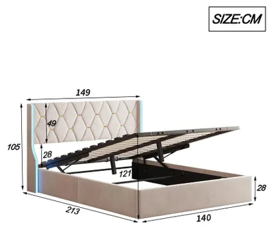 Imagen del producto de Cama doble tapizada con espacio de almacenamiento hidráulico e iluminación LED, de 140x200 cm