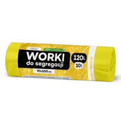 Zdjęcie produktu dla Worki na śmieci z tworzywa sztucznego i metalu, 120 l, żółte – worki na śmieci z tworzywa sztucznego pochodzącego z recyklingu, przeznaczone do segregacji odpadów