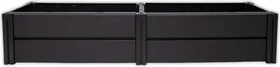 A front view of a dark gray, modular raised garden bed.