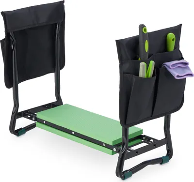Immagine prodotto di Panca per ginocchia Relaxdays per lavori di giardinaggio, pieghevole, imbottita, supporto per le ginocchia che non affatica le articolazioni, tasche, fino a 150 kg, nero/verde