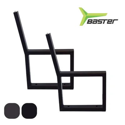 Two black metal bench legs are shown against a white background, with two color swatches at the bottom left and a logo at the top right.