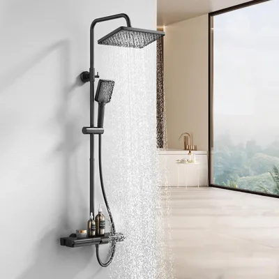 Obrázek produktu pro Sprchový systém HOMELODY s termostatem a skleněnou poličkou, černý, velká hlavová sprcha 30 x 20 cm, ruční sprcha se 3 druhy proudu, kompletní sada sprchové baterie s klavírními knoflíky