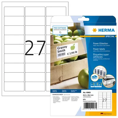 Zdjęcie produktu dla HERMA 10903, Biały, Samoprzylepne etykiety do drukowania, A4, Papier, Laser/Atrament, Na stałe