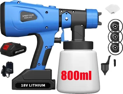 Obrázok produktu pre Striekacia pištoľ na farbu, objem 800 ml, výkon 900 W, voľnobežné otáčky 38 000 ot/min, veľkosti trysiek 1-2,5 mm, lítiová batéria