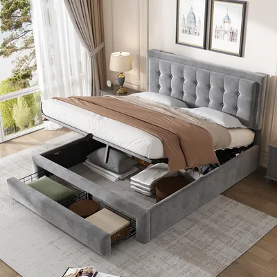 Obrázek produktu pro STILVORA Čalouněná postel 140 x 200 cm, postel s úložným prostorem, dvojlůžko s úložnými boxy a zásuvkami, s roštem a čelem, šedá (bez matrace)