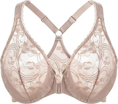 Productafbeelding van Beige push-up bh in grote maten met racerback-rug, kantversiering en sluiting aan de voorkant