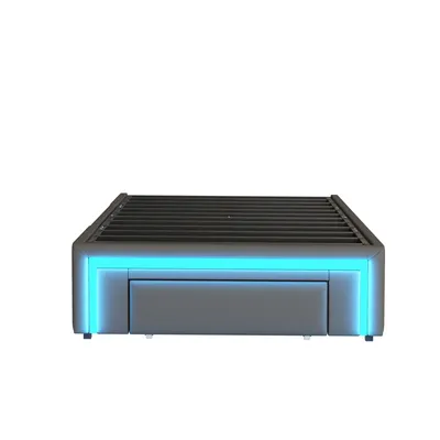 Produktbild von Flieks Polsterbett 90x200cm ohne Kopfteil, Jugendbett Einzelbett mit Schubladen und Led, Stauraumbett Metallbett Kinderbett, PU, Grau