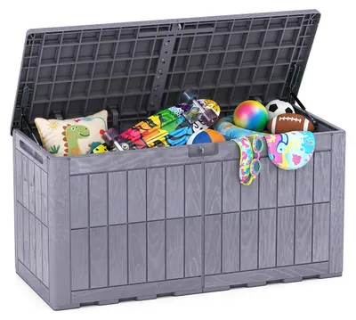 Produktbild von COSTWAY Gartenbox Outdoor mit abschließbarem Deckel 380 L, Aufbewahrungsbox mit Gasdruckfedern & Griffen, wetterfeste Auflagenbox Kissenbox Hellbraun