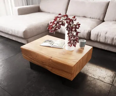 Produktbild von DELIFE Couchtisch New Live-Edge 80x60 cm Akazie Natur 2 Schubladen Fuß schwebend Metall Schwarz