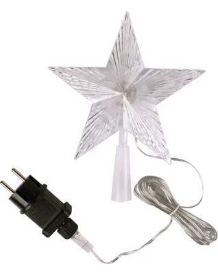 A clear product shot of a star-shaped Christmas tree topper with its power cord and plug.