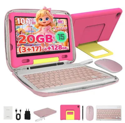 Produktbild von JENBIZZ Kinder Tablet 10 Zoll mit Android 15, 128GB Speicher, 20 GB RAM, Octa Core, mit Tastatur, Maus, Stift und Tasche