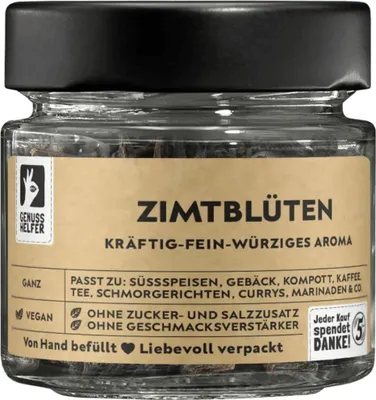 Produktbild von Zimtblüten, ganz, aromatischer Zimt zum Backen und Kochen, ohne Zusatzstoffe, 55g im Glas