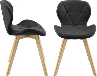 Two black chairs with wooden legs are shown against a white background.