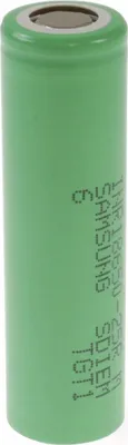 A single green cylindrical battery with text printed on its side.