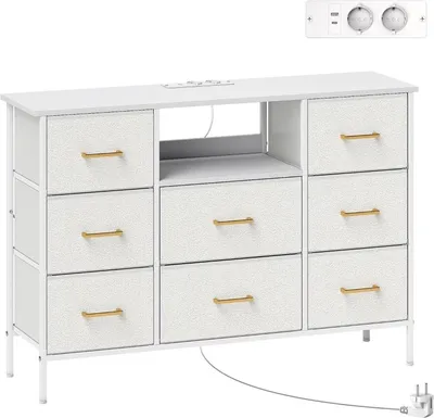 Produktbild von Kommode, Aufbewahrungsschrank mit 8 Schubladen aus Stoff, Steckdosenleiste, Stahlrahmen, Schubladenschrank für Flur, Wohnzimmer und Büro