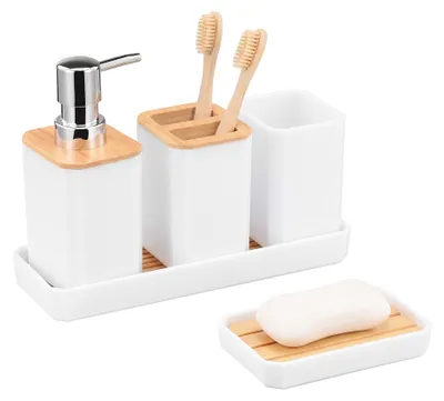 Image de Ensemble d'accessoires de salle de bain UnboxG, 5 pièces, blanc, en plastique avec bambou : distributeur de savon, porte-brosses à dents, gobelet, plateau, savonnette. Ensemble d'ustensiles de salle de bain pour lavabo