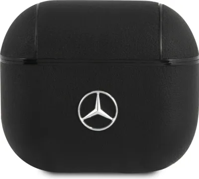 A black leather case for AirPods with a silver Mercedes-Benz logo.