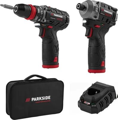 A set of cordless power tools, including a drill, an impact driver, a carrying case, and a charger, displayed on a white background.
