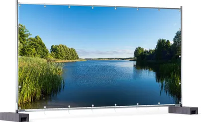 Produktbild von Wallario XXL Outdoor-Poster für Garten oder Balkon, Motiv Malerischer See mit Schilf unter blauem Himmel, in ca. 340 x 173 cm