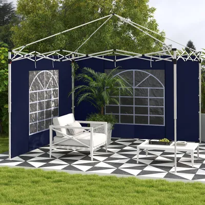 Produktbild von Pavillon Seitenwände 2er-Set, Pavillonvorhänge mit Fenster Reißverschlusstür, Polyester, Blau | 295x195 cm | für 3x3m und 3x6m Pavillon