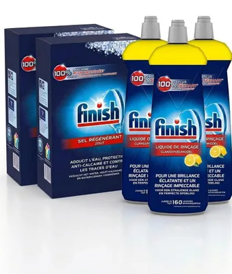 Image de Sel vaisselle Finish 2 x 4 kg + Liquide de rinçage Finish Citron 3 x 800 ml - Pack combiné