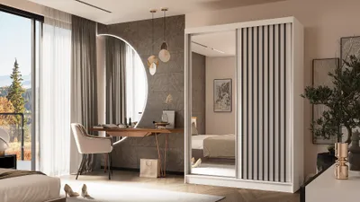 Produktbild von ALTDECOR Kleiderschrank mit Spiegel und Schiebetüren, kugelgelagerte Führungsschienen und Aluminium-Leisten, LED-Beleuchtung (weiß + 16 Farben) und Fernbedienung - LAMELO - 150 cm - Weiß/Weiß/Schwarz