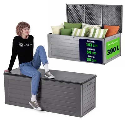 Produktbild von KADAX Aufbewahrungsbox 390L, Gartenbox aus Polypropylen, Kissenbox für Garten, Terrasse & Balkon, Auflagenbox mit abschließbarem Deckel & Holzoptik (Dunkelgrau)