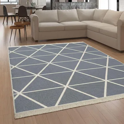 Image de Tapis de salon lavable, motif géométrique scandinave, franges, gris crème, dimensions 80 x 150 cm
