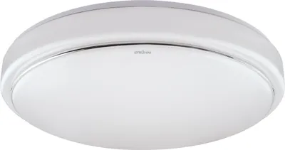 A close-up, studio shot of a white, circular ceiling light with a silver trim.