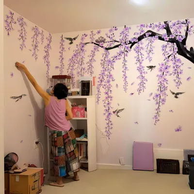 Produktbild von Lila Kirschblüten Wandsticker mit Vögeln und Blütenblättern Wanddeko selbstklebendes Wandtattoo für Wohnzimmer Schlafzimmer Flur und Hintergrundwand