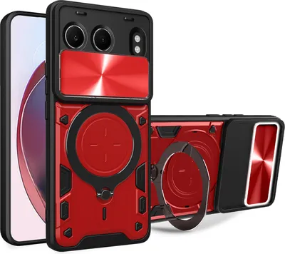 Produktbild von Handyhülle für OnePlus Nord 4 Dual-Layer Stoßfest Rüstung Hülle mit Dia Kameraschutz und Kreisförmig Ring Ständer Rot